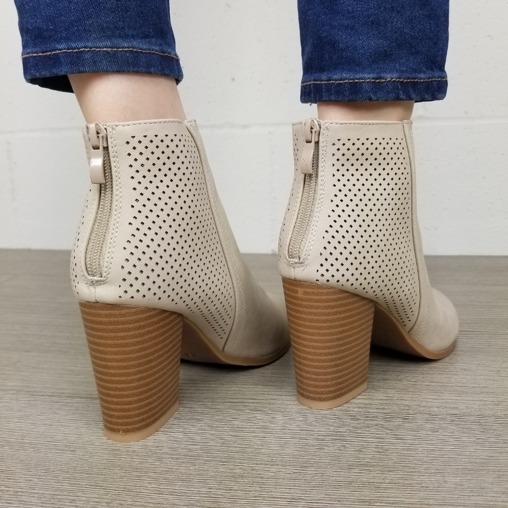 Beige Perforated Design Heel Ankle Booties - Picture 8 of 8